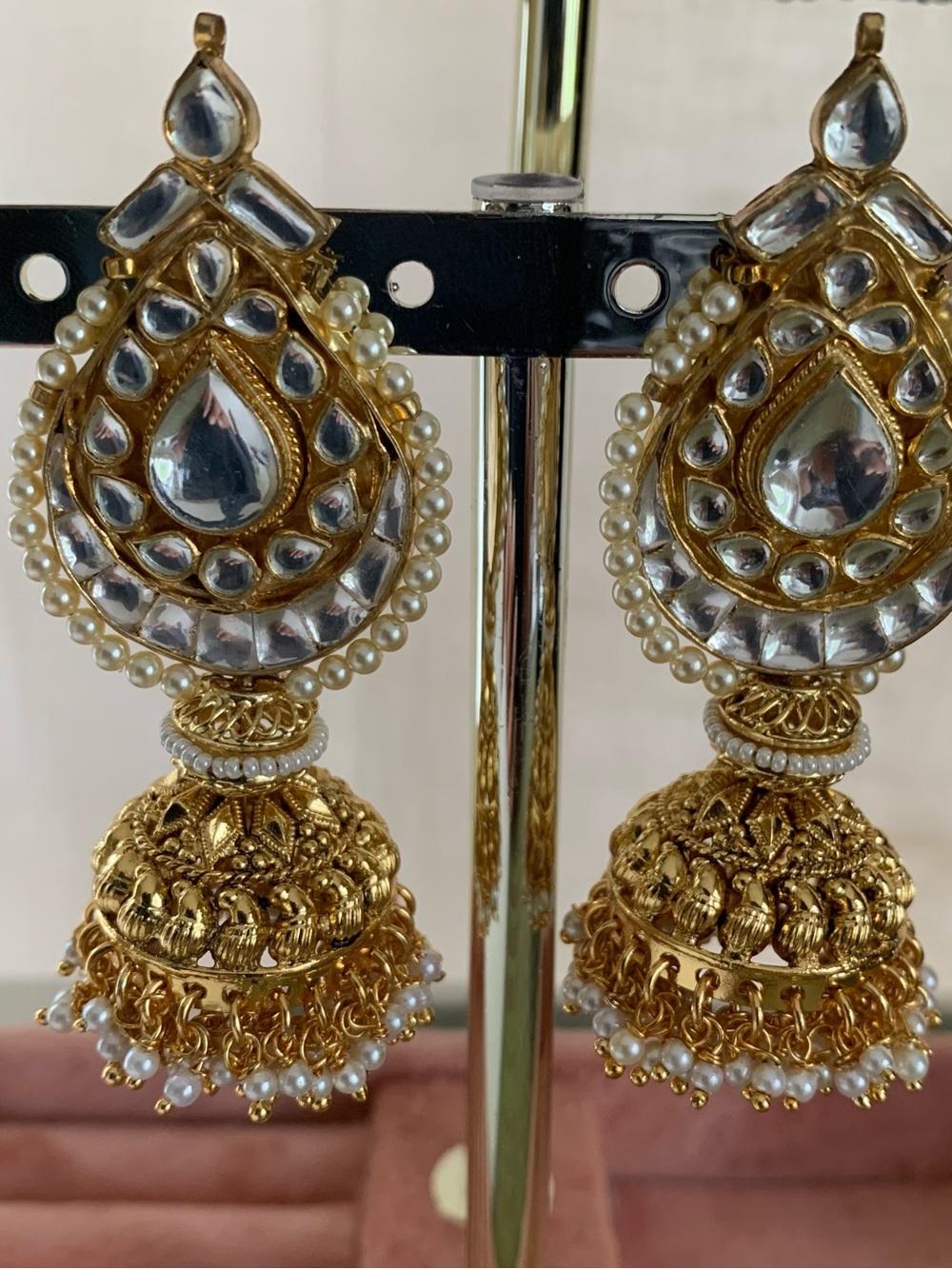 Gold and Silver Pearl Kundan Jhumka Earrings - Women Jewelry